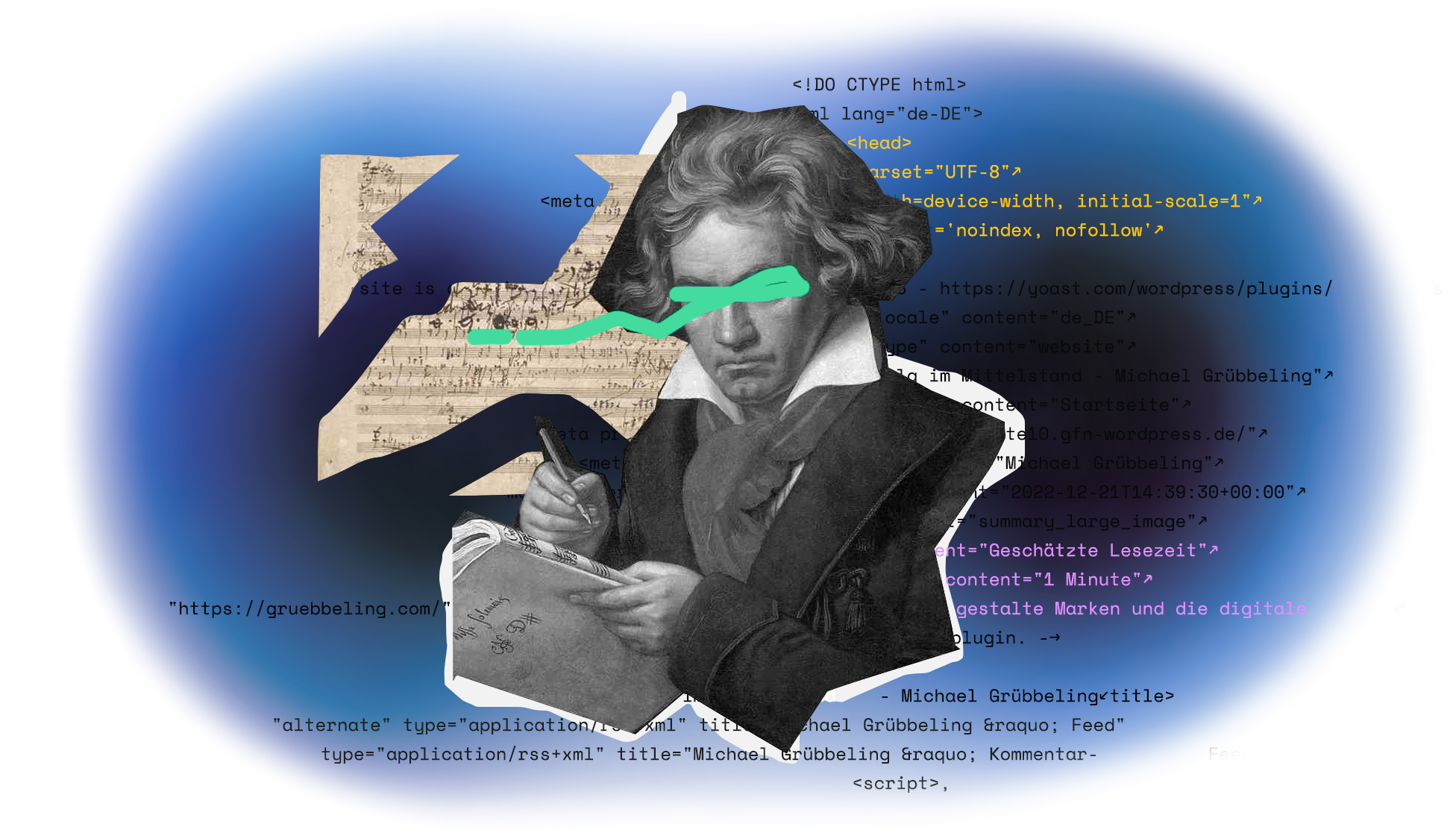 Kreative Collage mit dem Komponisten Beethoven, einem Notenblatt und digitalem Code auf blauviolettem Hintergrund zum Beitrag Erfolg im Mittelstand